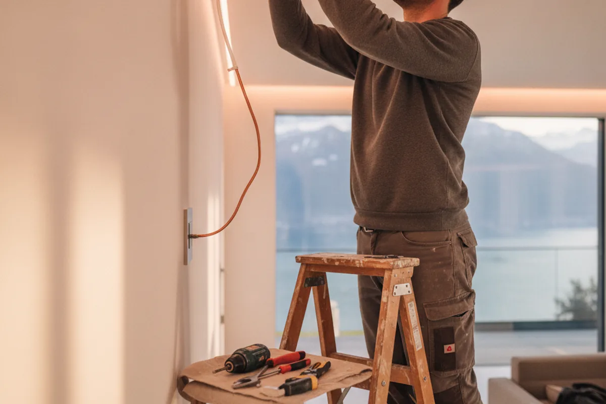 Électricien installant des spots LED dans un plafond à Vevey